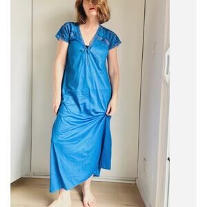 Vintage 70s NIghtgown Slip Dress Size Medium Cobalt Blue Ankle Made USA